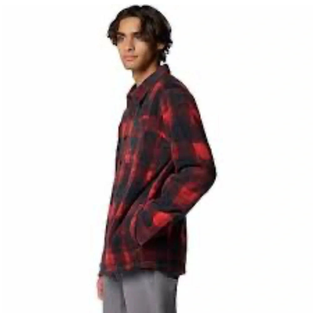 Columbia Mens Large Tall Steens Mountain Fleece Shirt Jacket Red Plaid Red Black